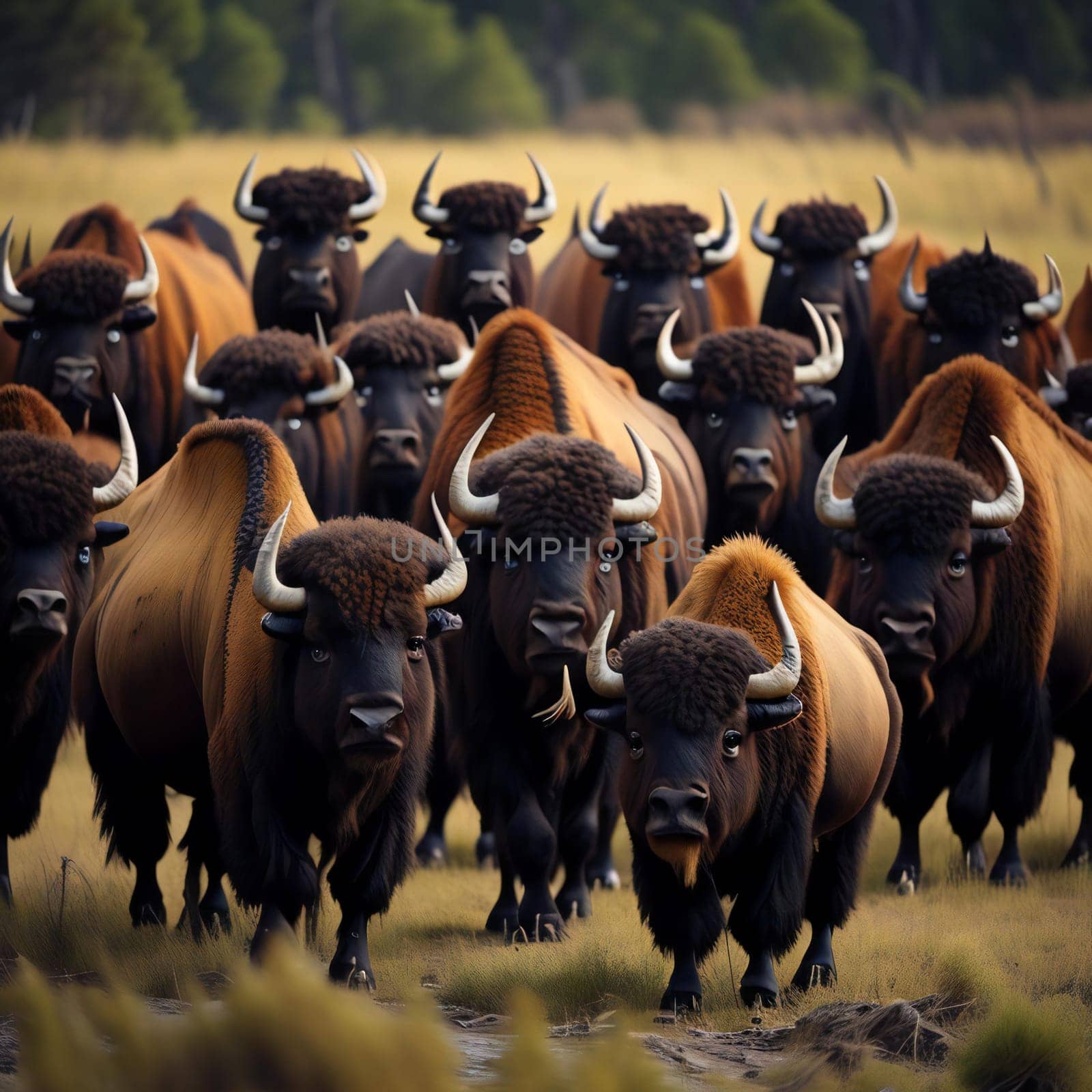 Bison herd in Yellowstone National Park, Wyoming, United States. generative ai