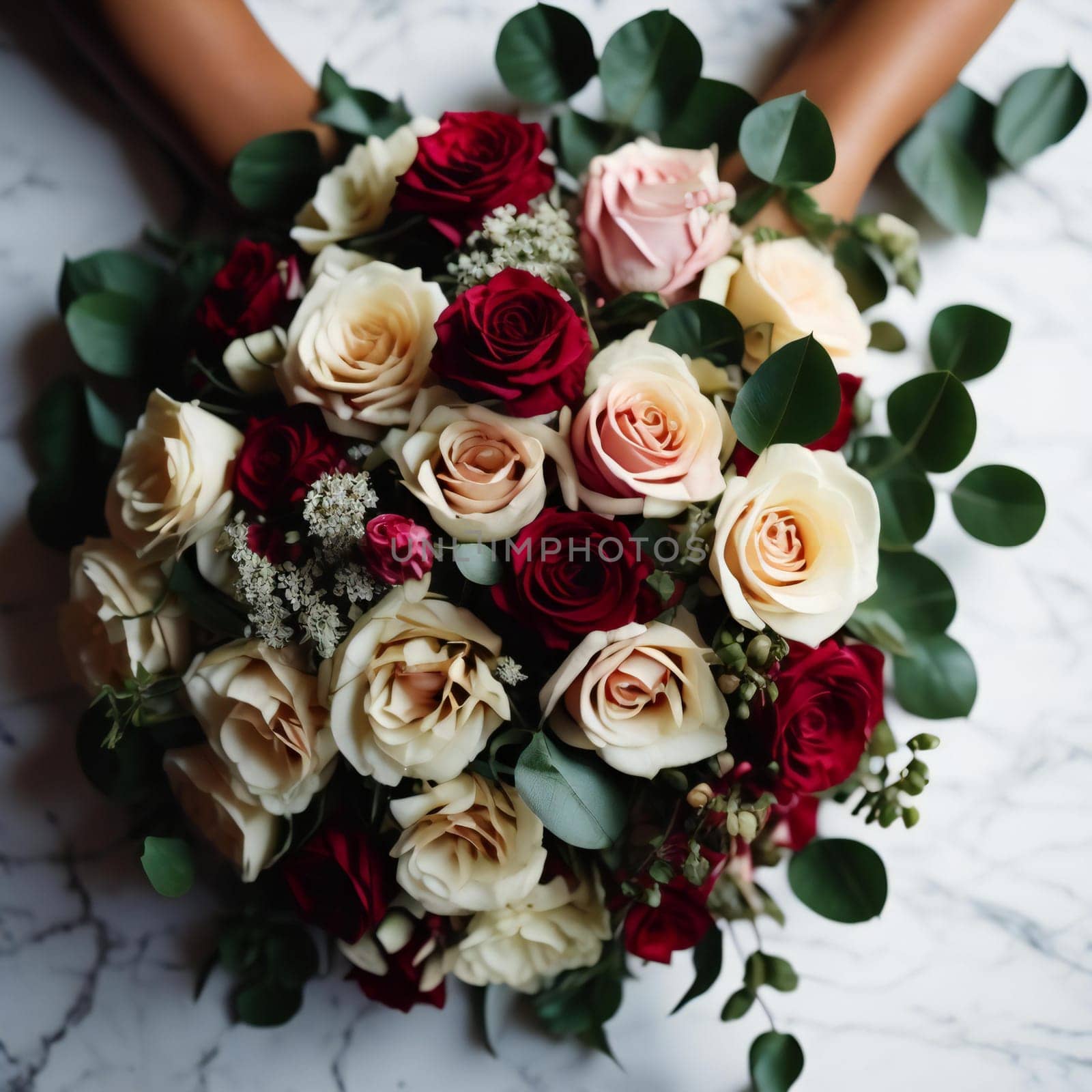 Bridal bouquet of roses in the hands of the bride. generative ai by sanisra