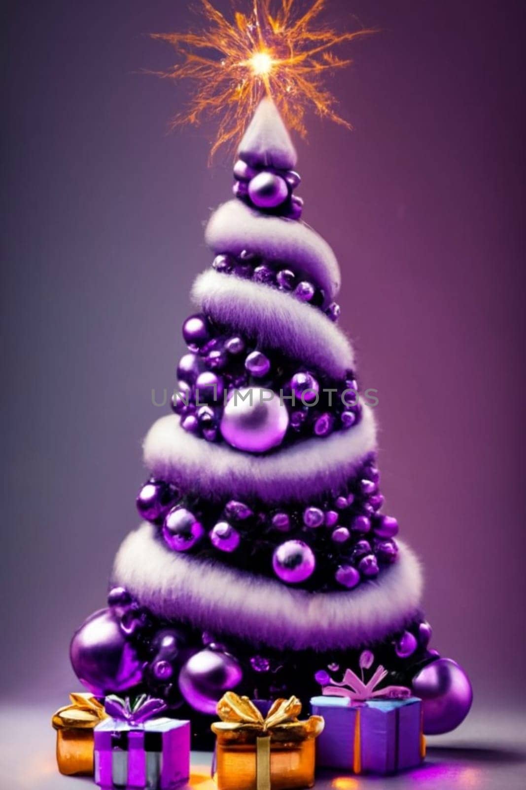 purple christmas tree with ornaments for religious celebration on violet gradient background by verbano