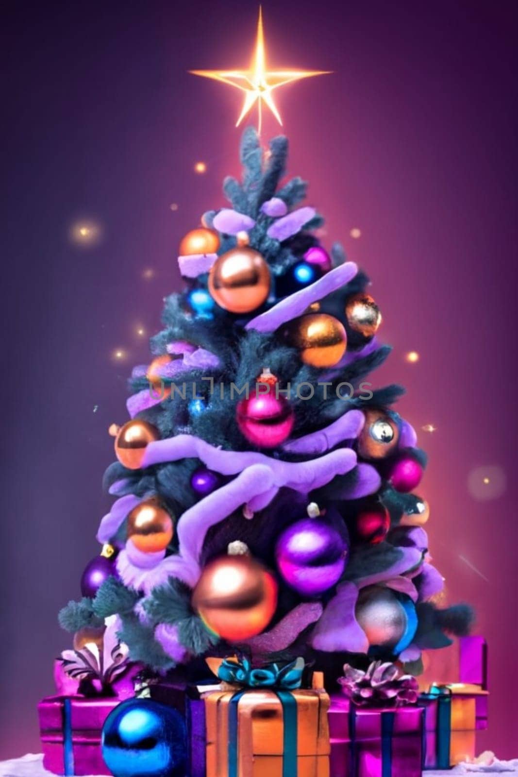 purple christmas tree with ornaments for religious celebration on violet gradient background generartive ai art