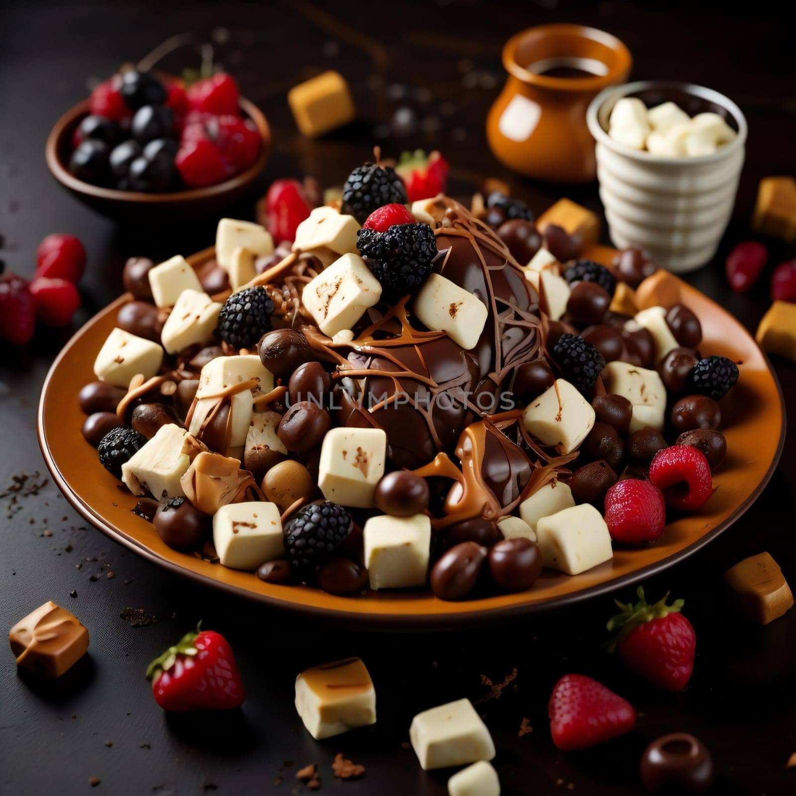 Chocolate dessert with berries and chocolate shavings. Selective focus. generative ai