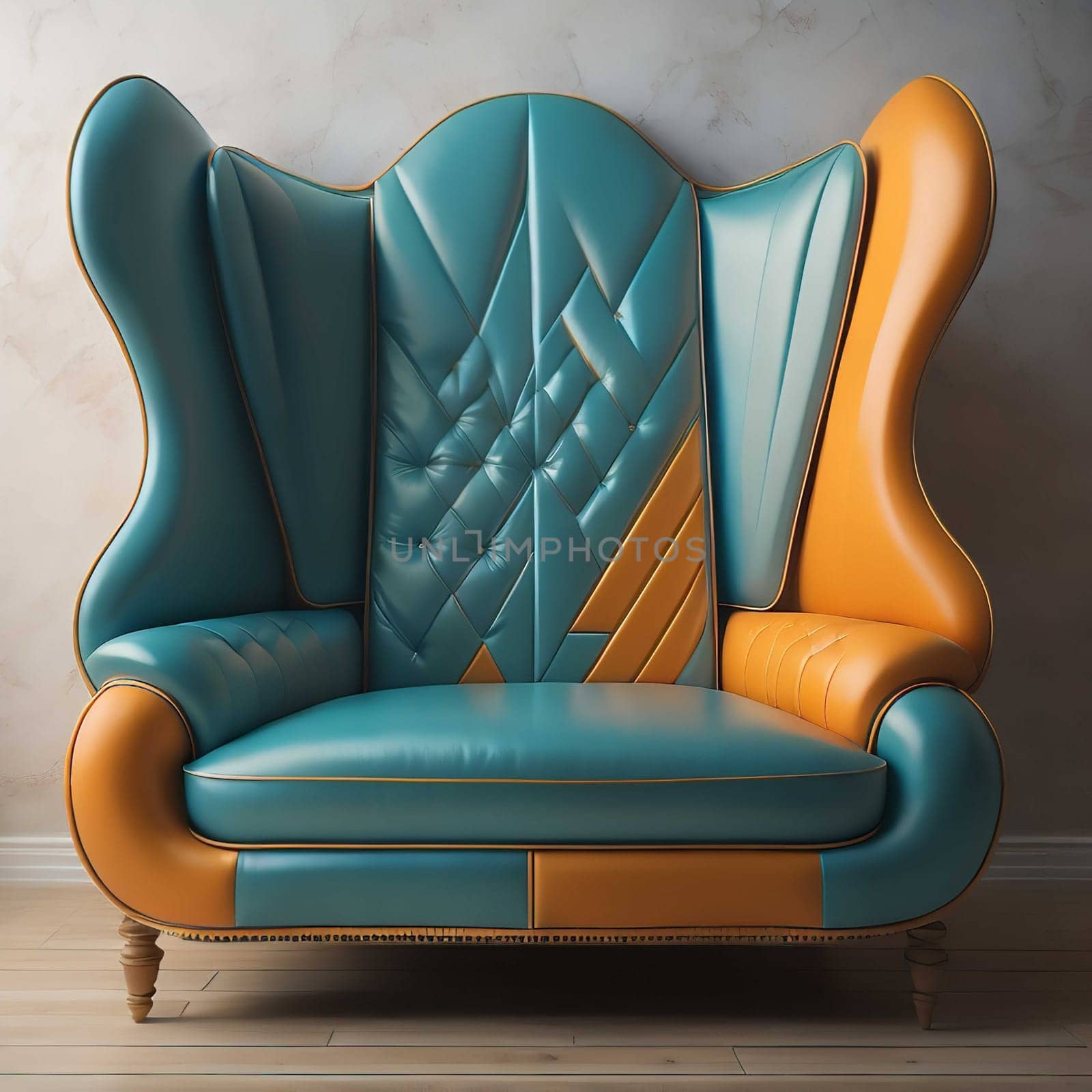 Classic armchair in blue and orange colors. generative ai