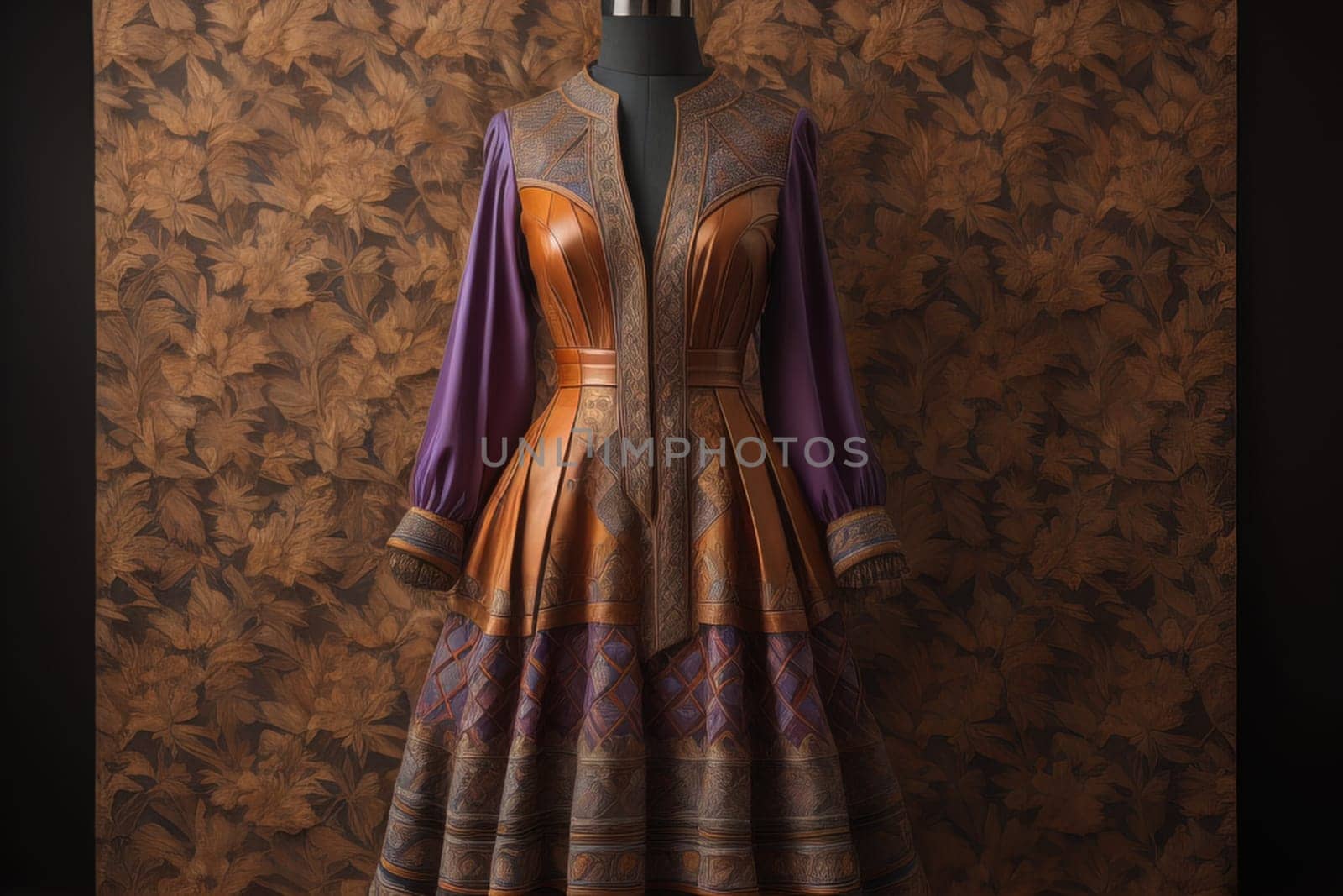 Clothing store mannequin with beautiful evening dress on wooden background. generative ai