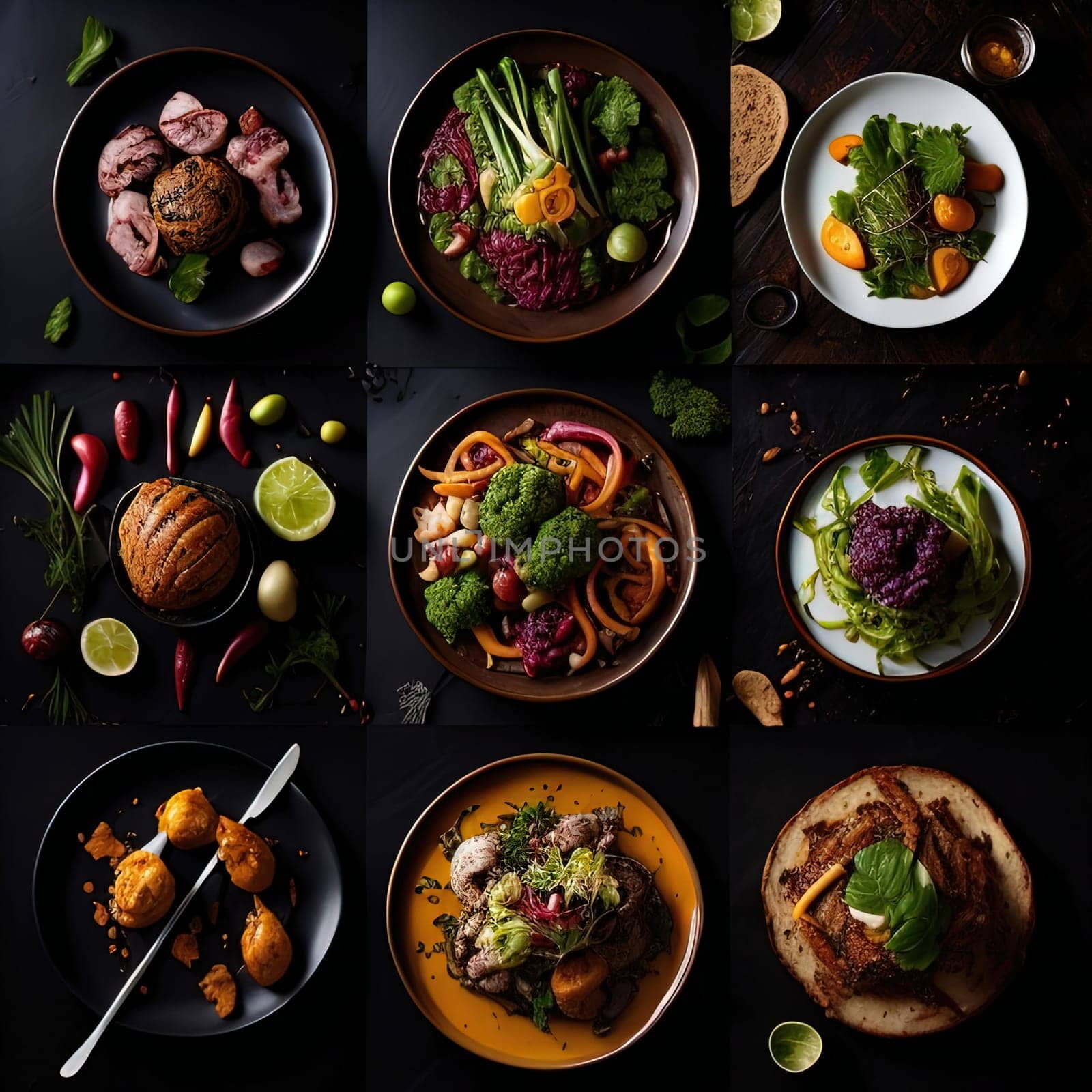 Collage of different salads and food on black background, top view. generative ai