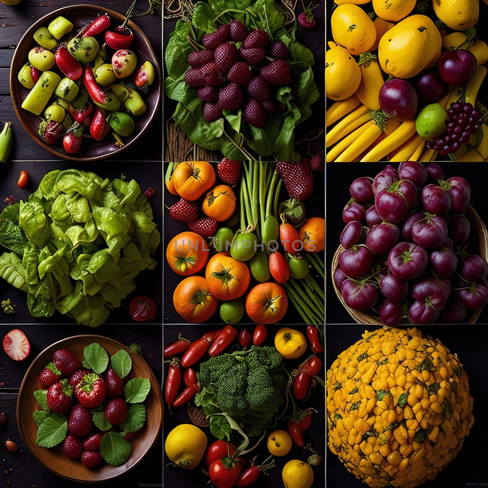 Collage of fresh fruits and vegetables. Healthy food concept. Top view. generative ai