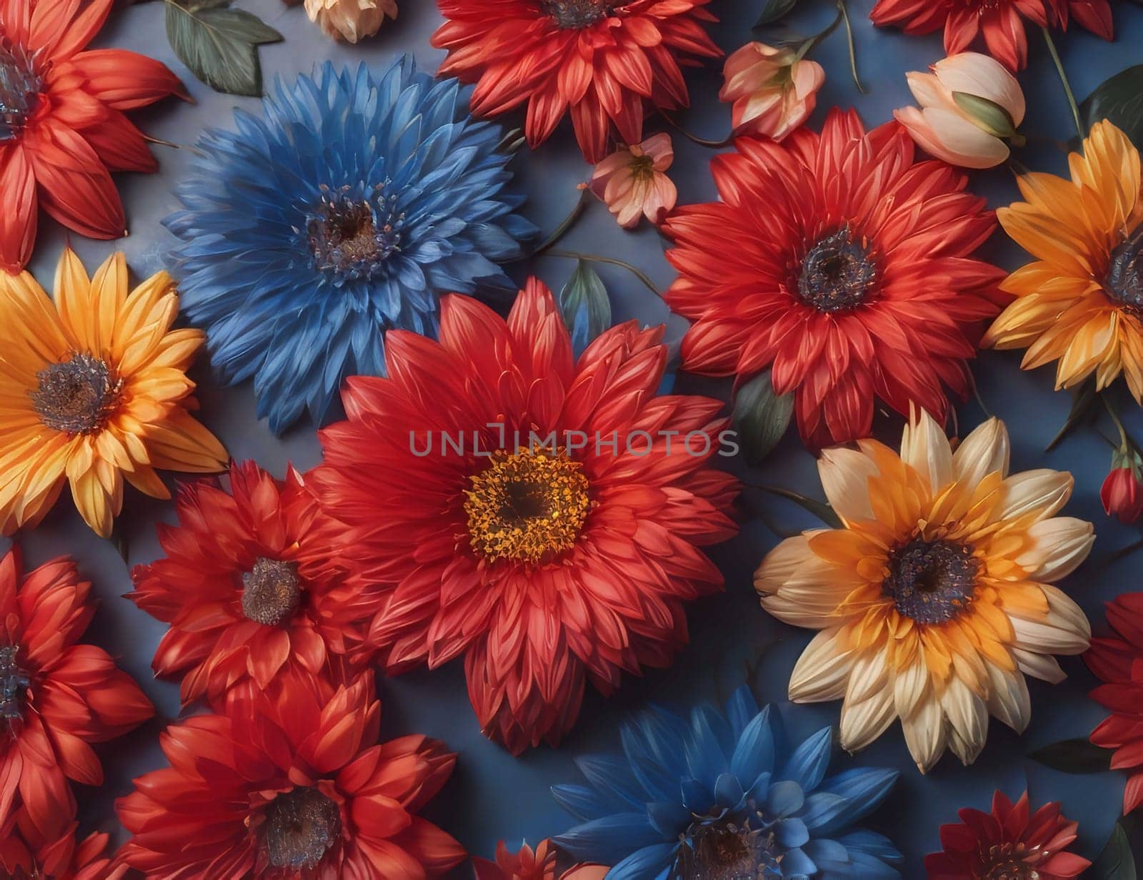 Colorful gerbera flowers on blue background. Flat lay, top view. generative ai by sanisra