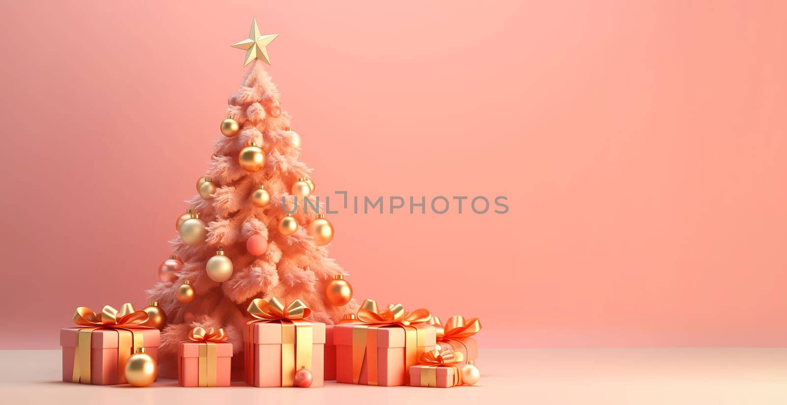 Banner Pink, Peach Color Christmas Tree, Pine with Golden Ball Toys, Decorations With Gift Boxes, Presents Minimalism, Monochrome. Space For Text. New Year Mockup, Template. AI Generated. Horizontal.