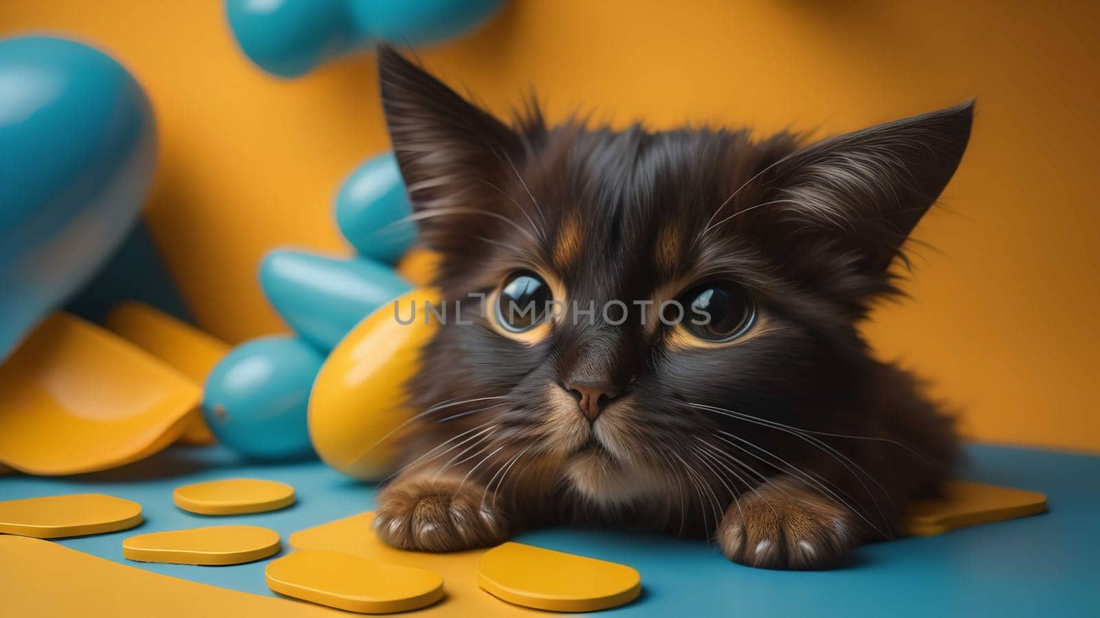 Cute fluffy black kitten with yellow and blue balloons on yellow background. generative ai