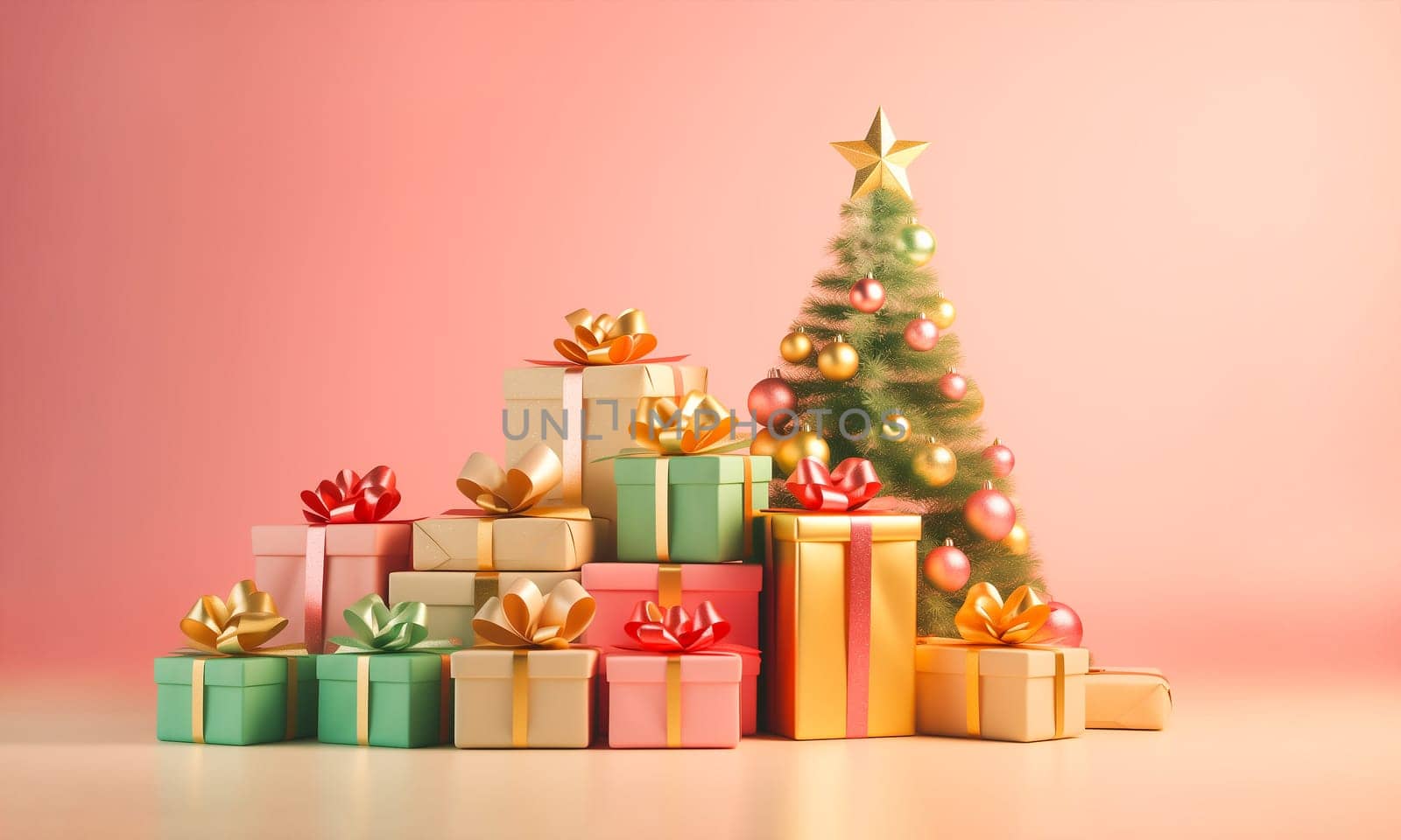 Postcard Green Christmas Tree, Pine with Golden Ball Toys, Decorations And Gift Boxes, Presents on Pink, Pastel Background. Minimalism. New Year Celebration, Template. AI Generated. Horizontal by netatsi