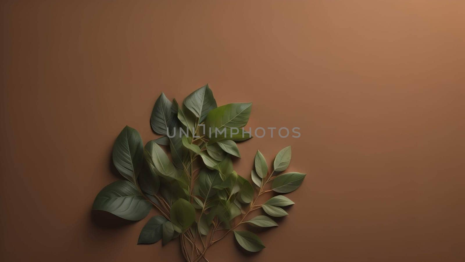 Green leaves on brown background. Flat lay, top view, copy space. generative ai