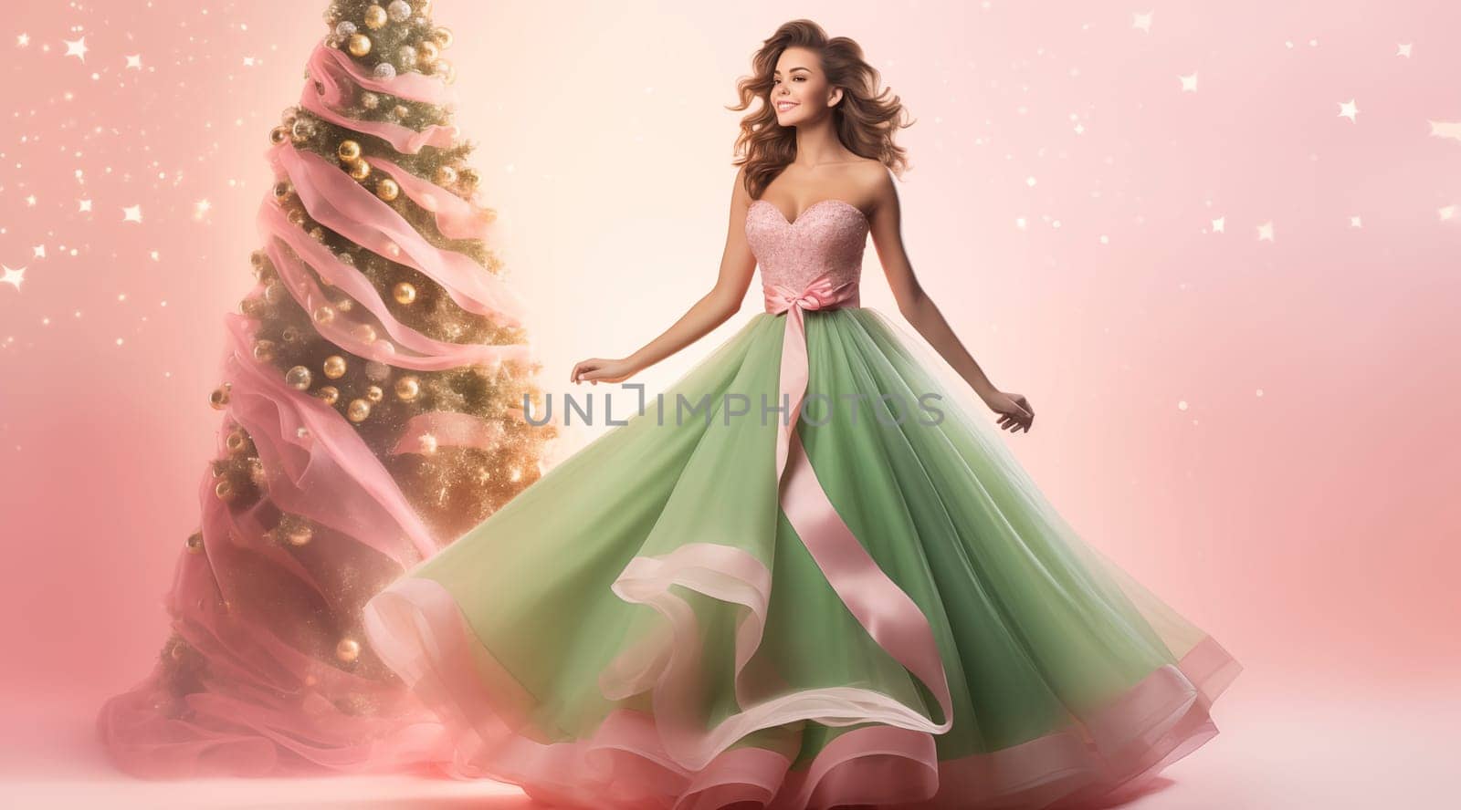 Charming Young Girl In Lush Pink Green Ball Gown Dances Near Decorated With Gold Toys, Ornament Christmas Tree On Pink Background. Full Length Woman In Solemn Dress Celebrates New Year Ai Generated by netatsi