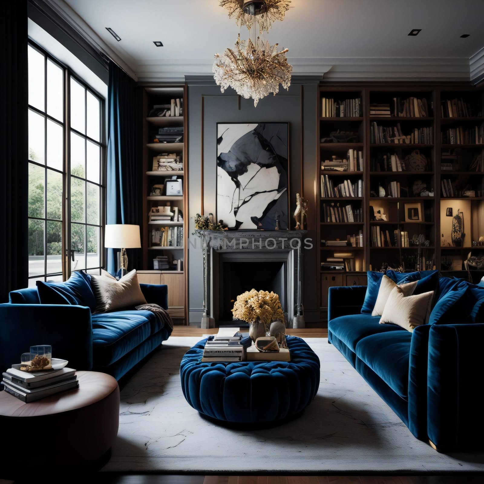 Luxury living room with blue sofa, bookshelf and fireplace. generative ai by sanisra