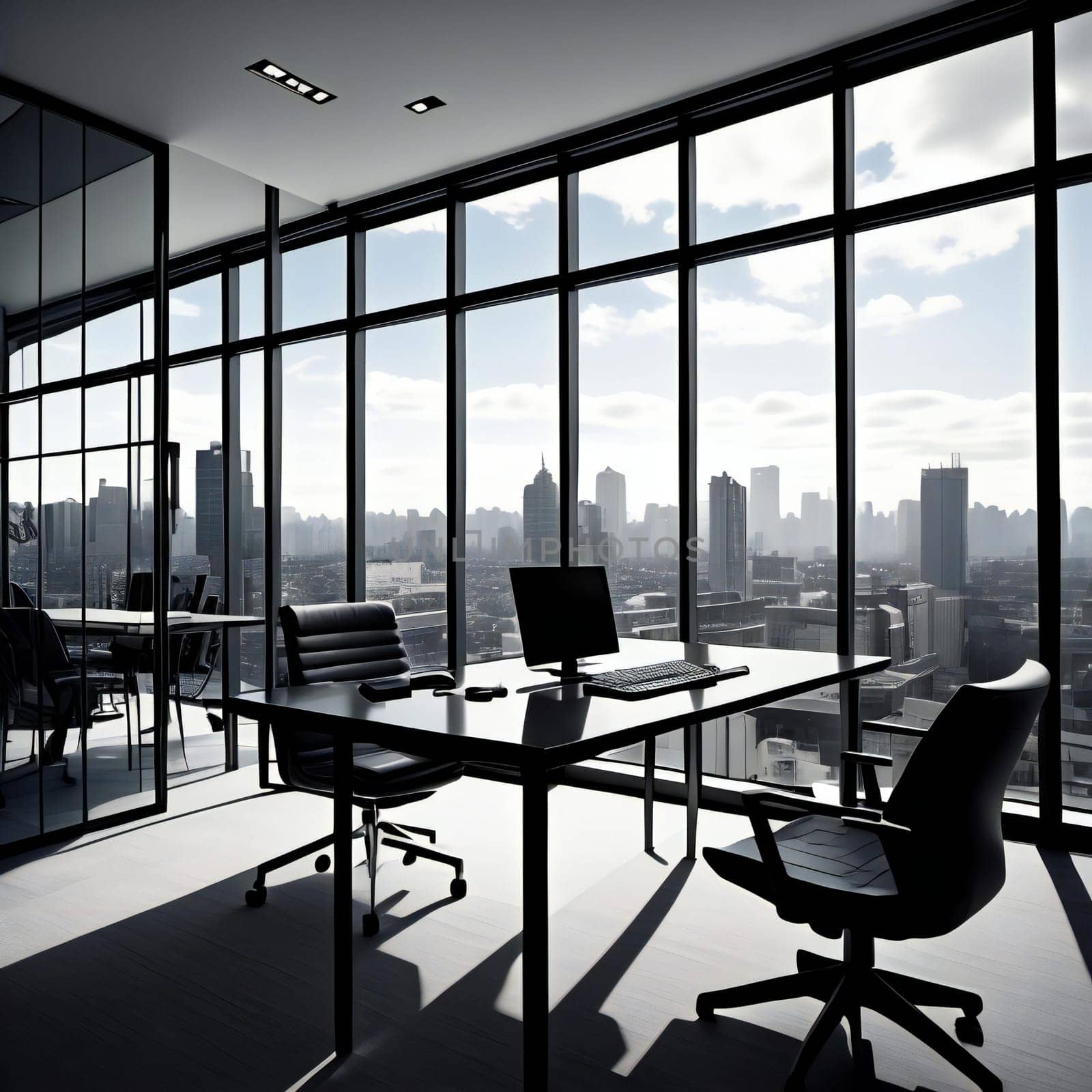 Luxury office interior with panoramic window and city view. generative ai
