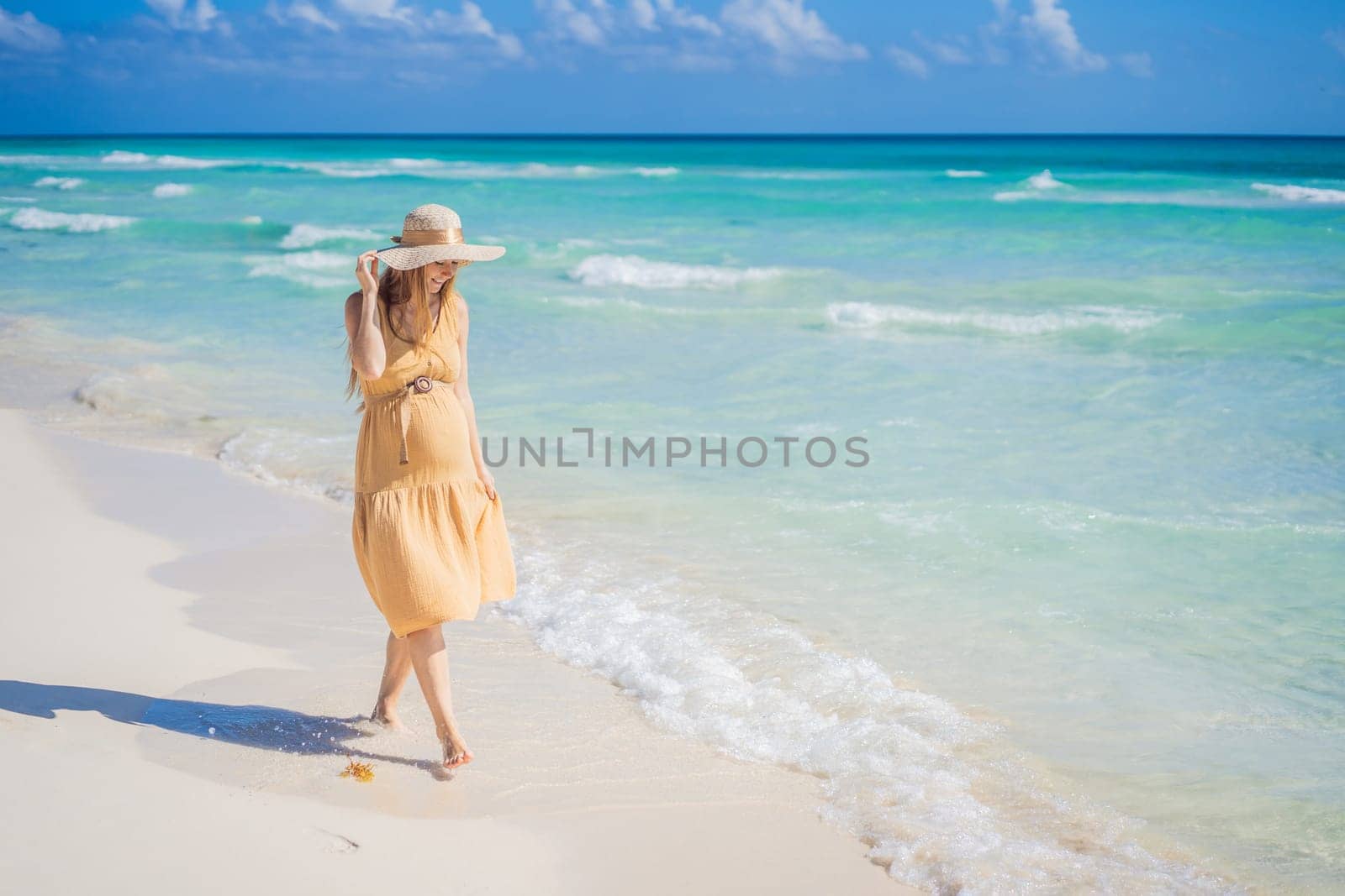 Radiant and expecting, a pregnant woman stands on a pristine snow-white tropical beach, celebrating the miracle of life against a backdrop of natural beauty by galitskaya