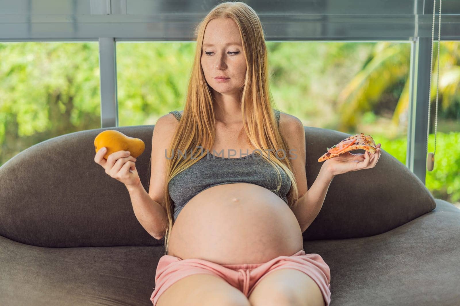 A pregnant woman faces a choice between nourishing, wholesome food and tempting fast food, highlighting the importance of healthy dietary decisions during pregnancy.