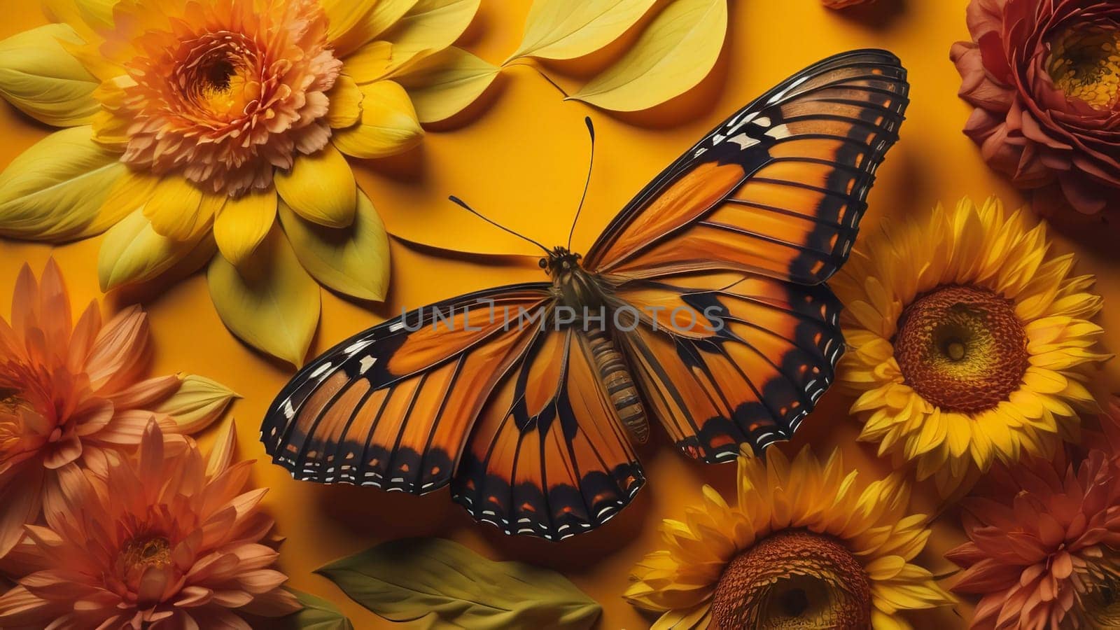 butterfly and gerbera flowers on orange background, top view. generative ai