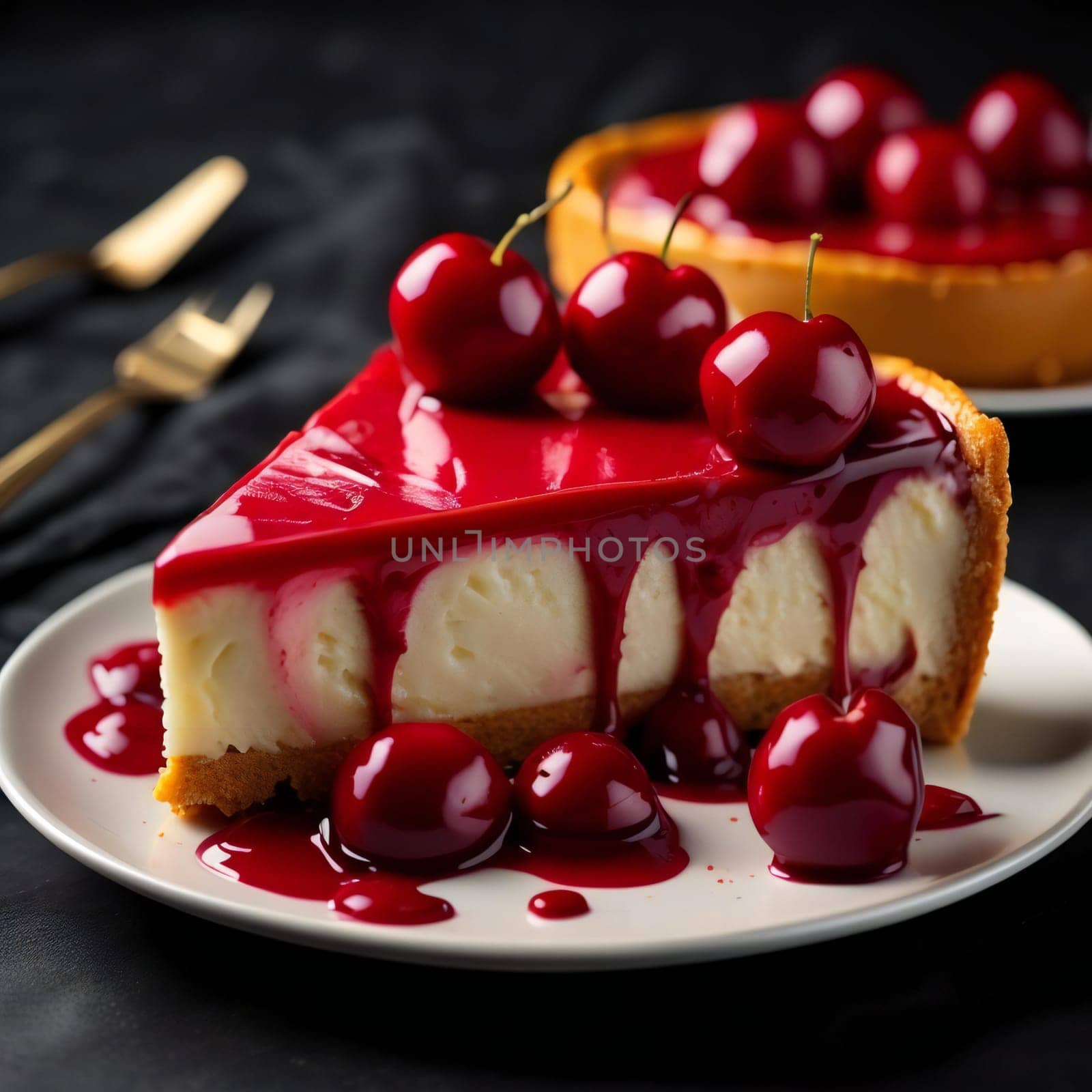 cheesecake with cherry on a black background. tinting. selective focus. generative ai