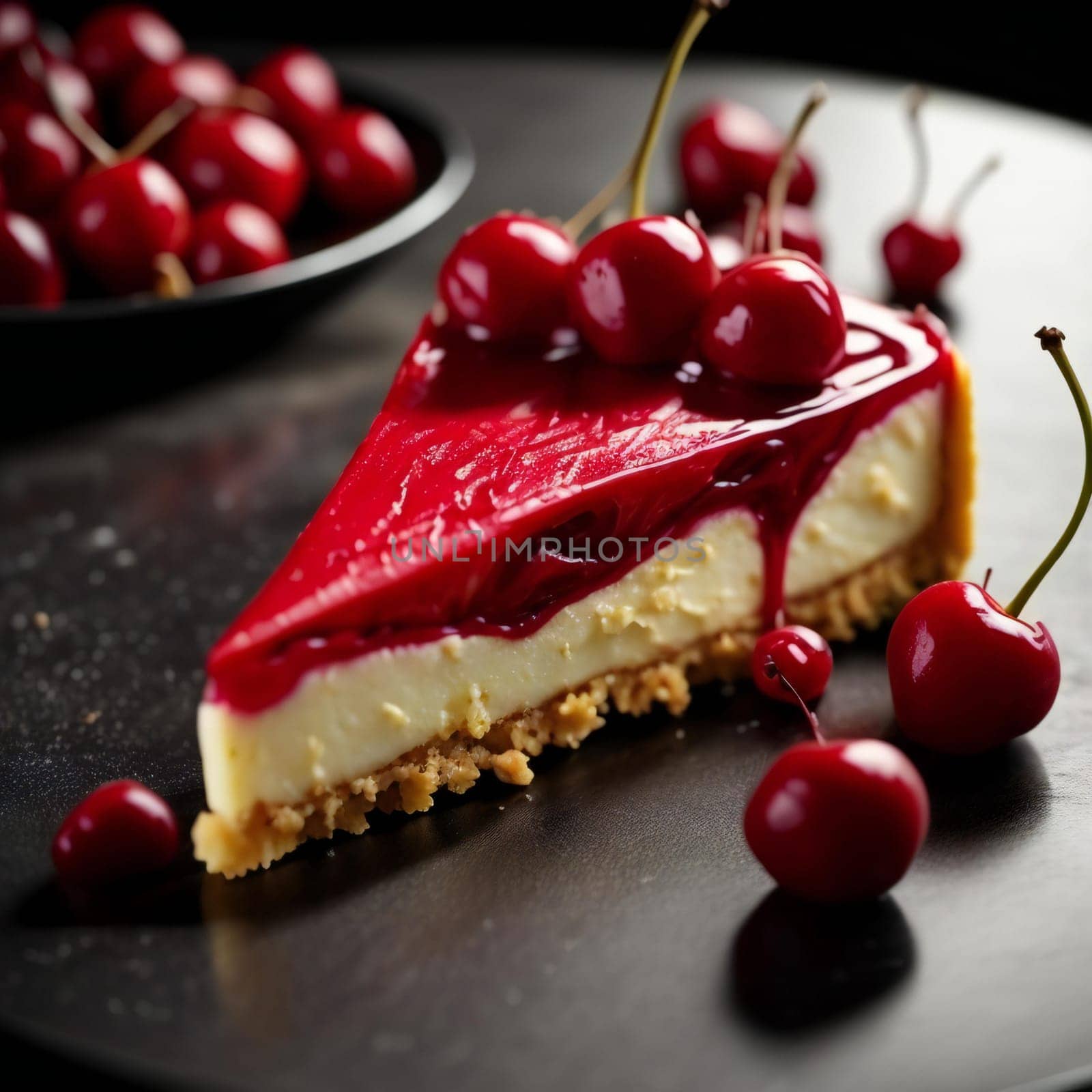cheesecake with cherry on a black background. tinting. selective focus. generative ai