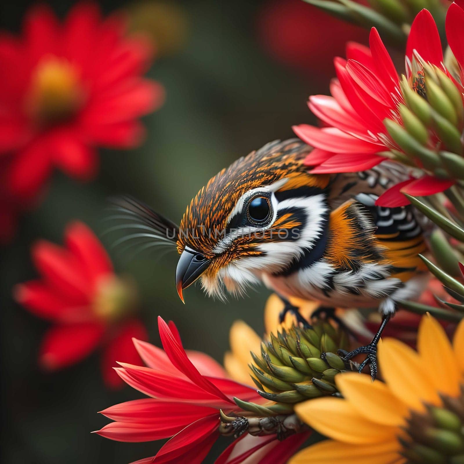 close up shot of a beautiful bird on a red flower with blurred background. generative ai
