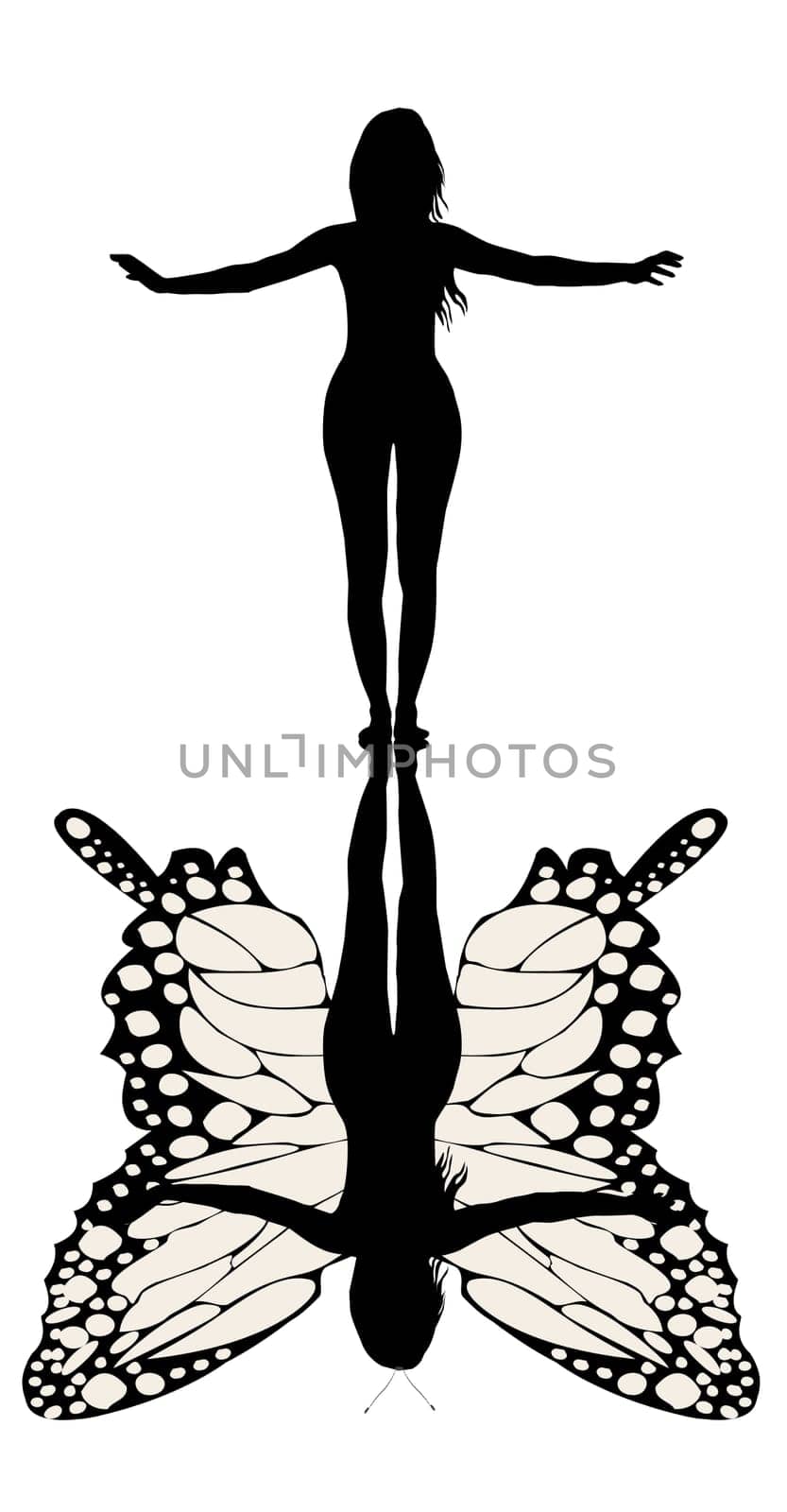 Woman silhouette with realistic butterfly shadow