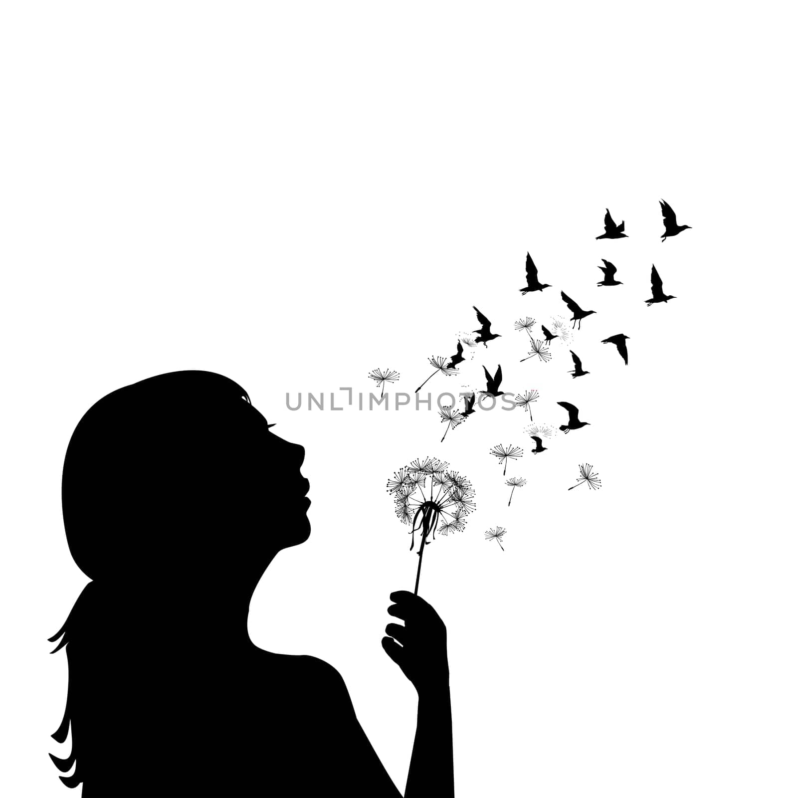 Girl blowing on dandelion and the seeds are transforming into birds