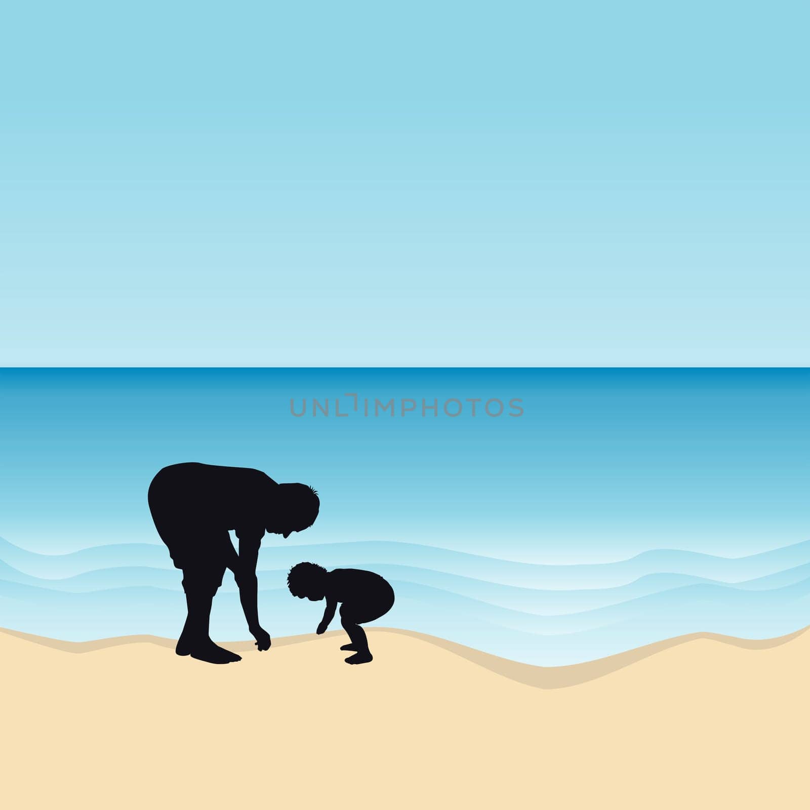 Father together with his toddler collect seashells on the seashore by hibrida13