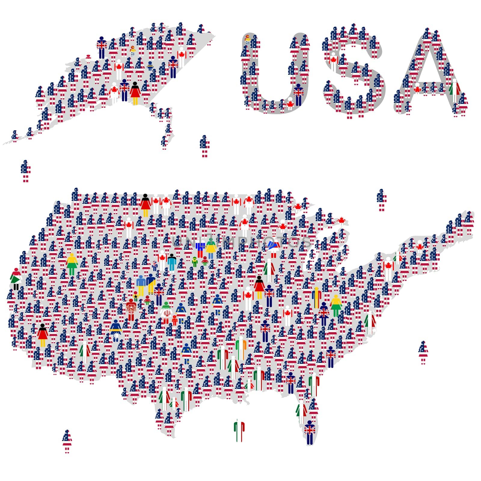 A large group of people in the shape of the map of USA. Crowd of people dressed in USA flag and other word flags, globalization concept