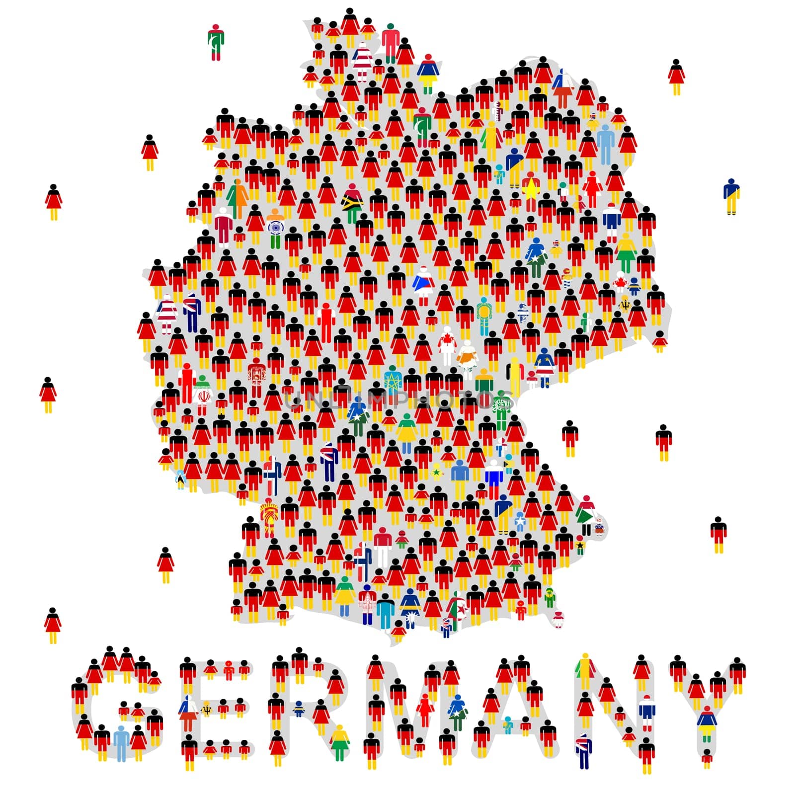 A large group of people in the shape of the map of Germany. Crowd of people dressed in Germany flag and other word flags, globalization concept