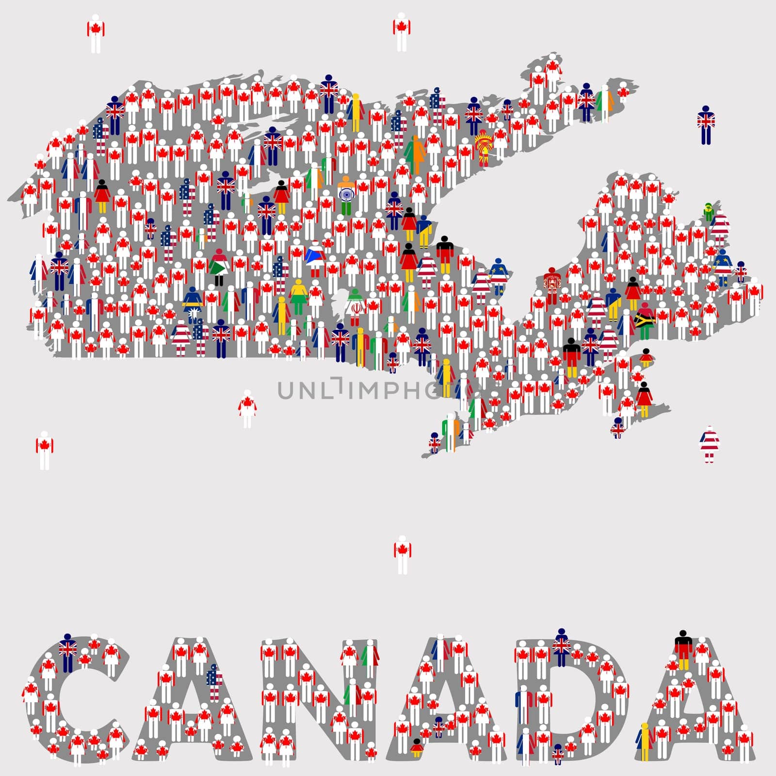 A large group of people in the shape of the map of Canada. Crowd of people dressed in Canadian flag and other word flags, globalization concept by hibrida13