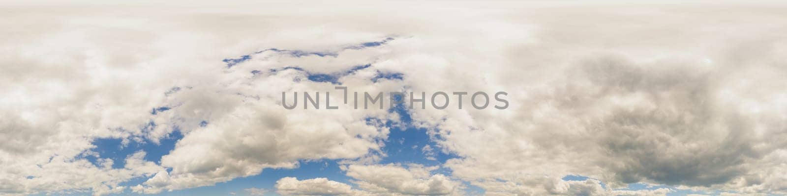 Blue summer sky panorama with Cumulus clouds. Seamless hdr spherical 360 panorama. Zenith or sky dome in 3D visualization, sky replacement for aerial drone 360 panoramas. Weather and climate change by Matiunina