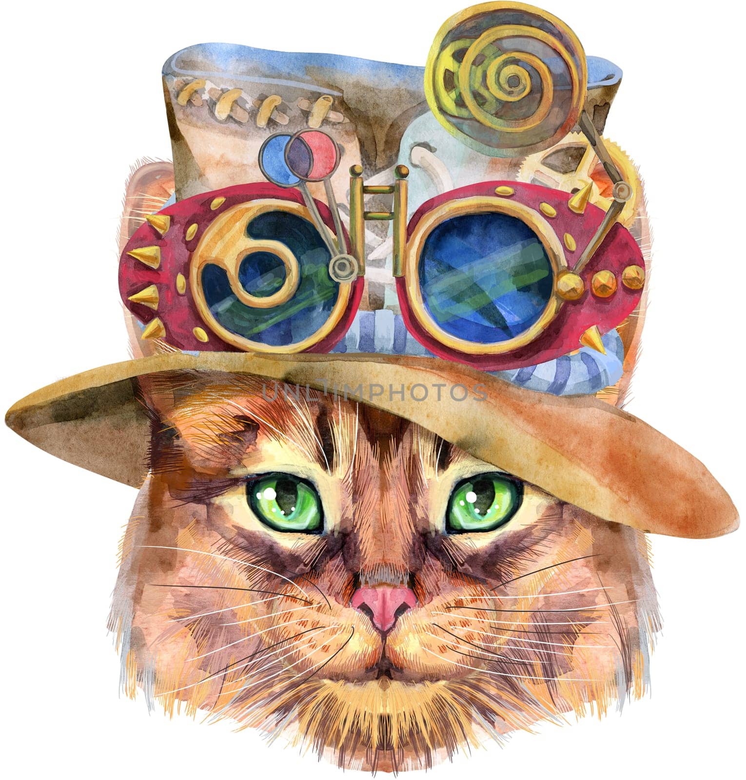 Lovely closeup portrait of Somali cat in a steampunk hat with goggles. Hand drawn water colour painting on white background by NataOmsk
