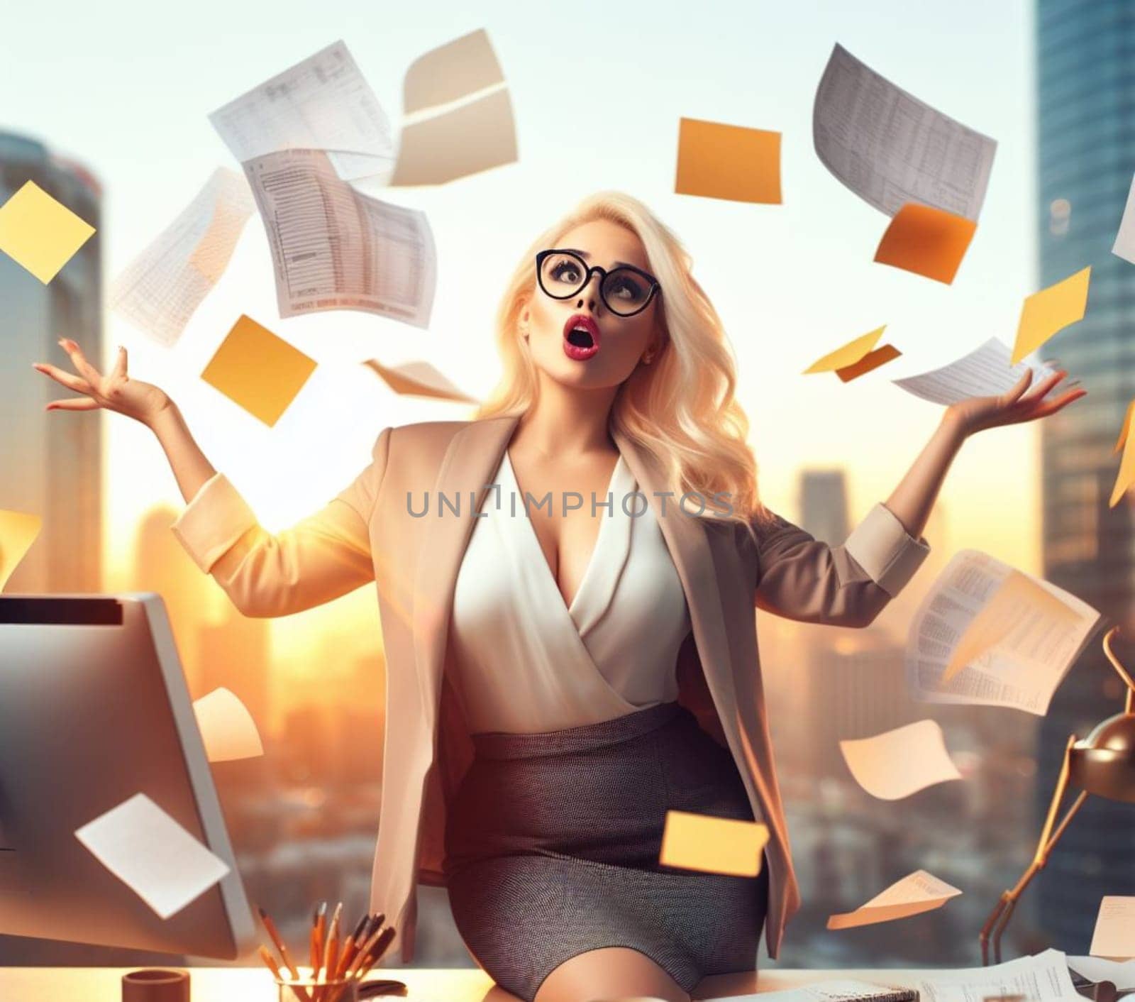 a stressed sensual secretary financial trader giving up in the office throwing all in the air by verbano