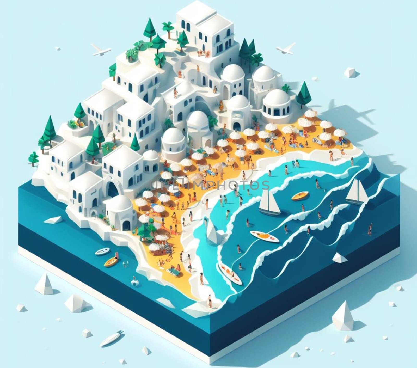 isometric 3d render of a touristic happy colored crowded village at the sea in summertime by verbano