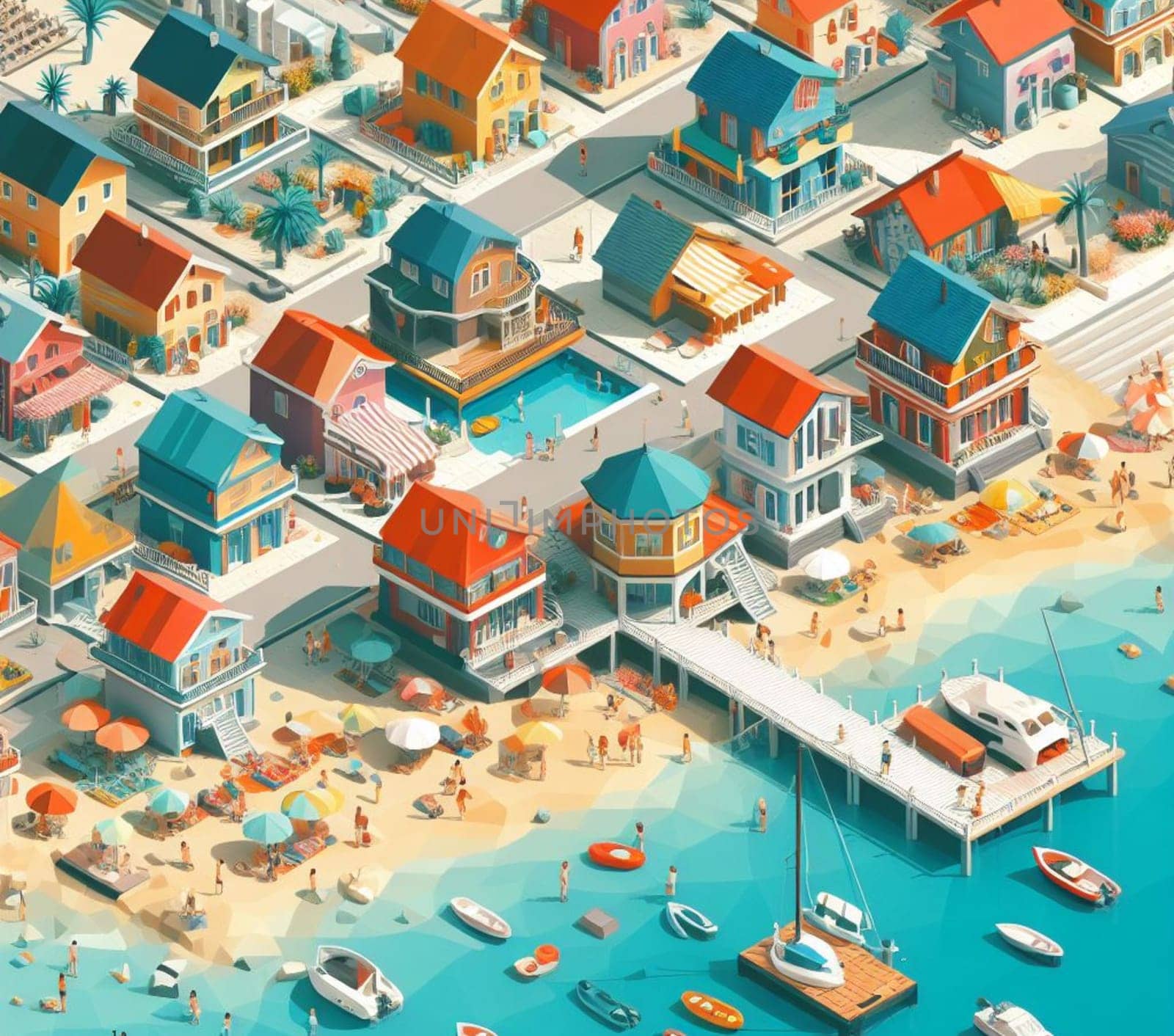 isometric 3d render of a touristic happy colored crowded village at the sea in summertime ai generative art