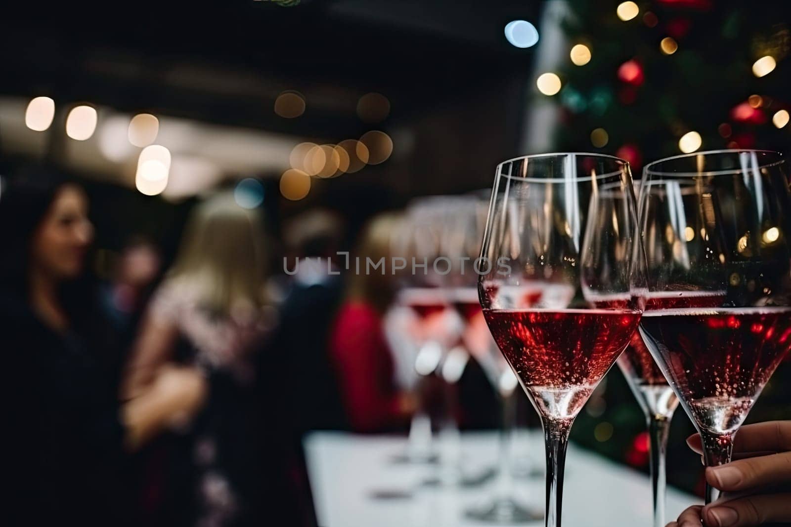 Close up of people toasting with christmas champagne glasses. Generative AI.