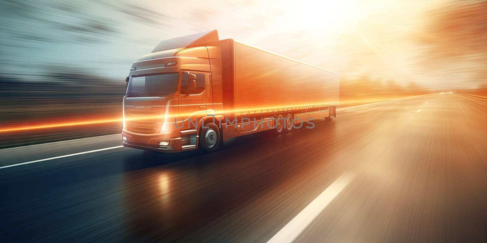 Cargo truck on highway at sun flare carrying shipping. international shipment delivery logistic concept. Generative AI.