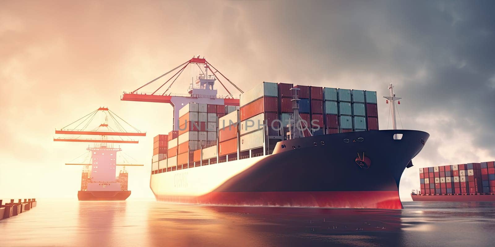 Industrial port with Logistics and transportation of International Container Cargo ship , commercial dock, harbor, cargo container, shipping. Generative ai.