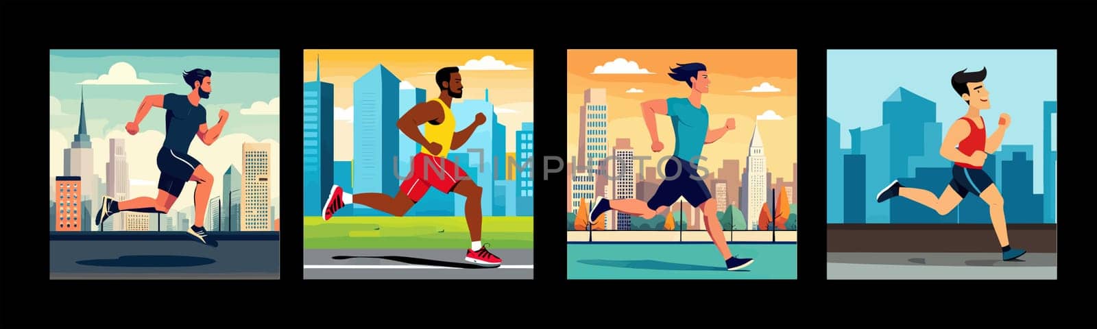 Banner Runners set. Flat concept illustrations athletes running in park, forest, stadium track or street landscape. Healthy activity and lifestyle. Sprint, jogging, warming up.