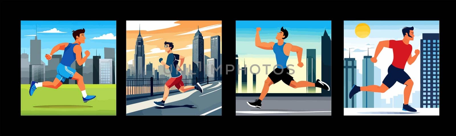 Banner Runners set. Flat concept illustrations athletes running in park by EkaterinaPereslavtseva