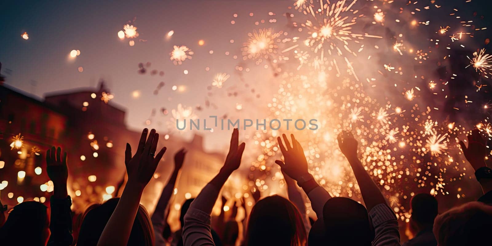 happy group of people celebrating a New Year party with champagne and sparklers, generative ai.