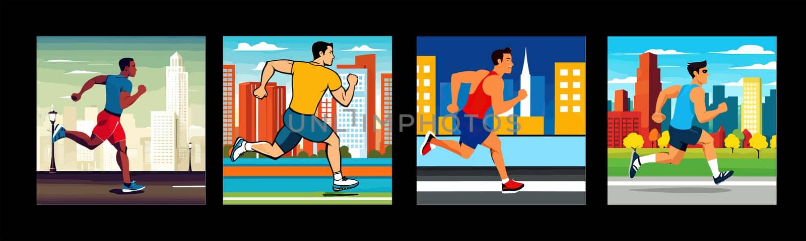 Banner Runners set. Flat concept illustrations athletes running in park, forest, stadium track or street landscape. Healthy activity and lifestyle. Sprint, jogging, warming up.