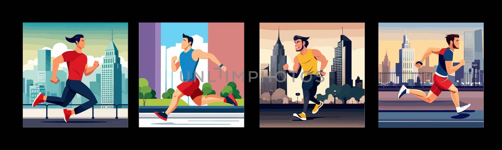 Banner Runners set. Flat concept illustrations athletes running in park, forest, stadium track or street landscape. Healthy activity and lifestyle. Sprint, jogging, warming up.