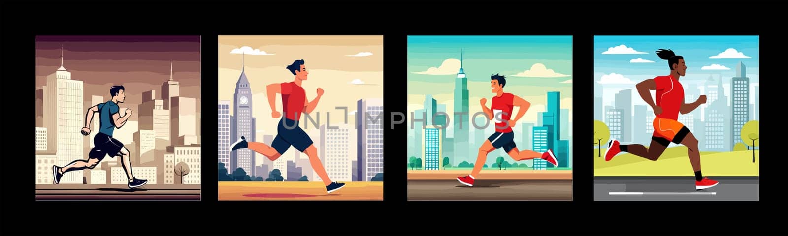 Banner Runners set. Flat concept illustrations athletes running in park, forest, stadium track or street landscape. Healthy activity and lifestyle. Sprint, jogging, warming up.