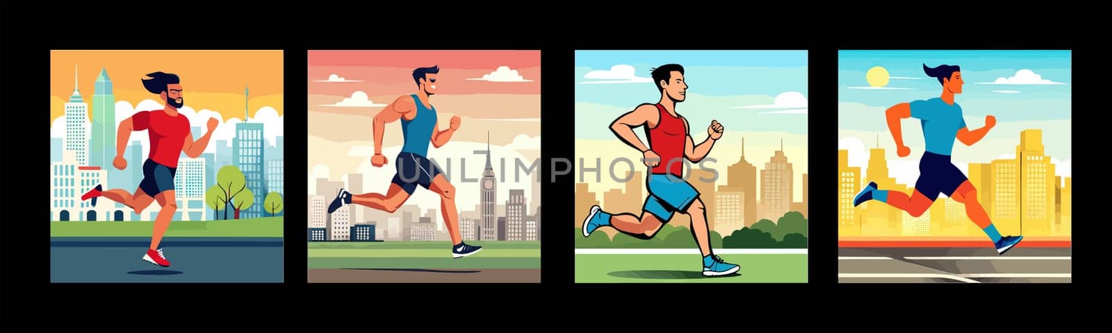 Banner Runners set. Flat concept illustrations athletes running in park by EkaterinaPereslavtseva