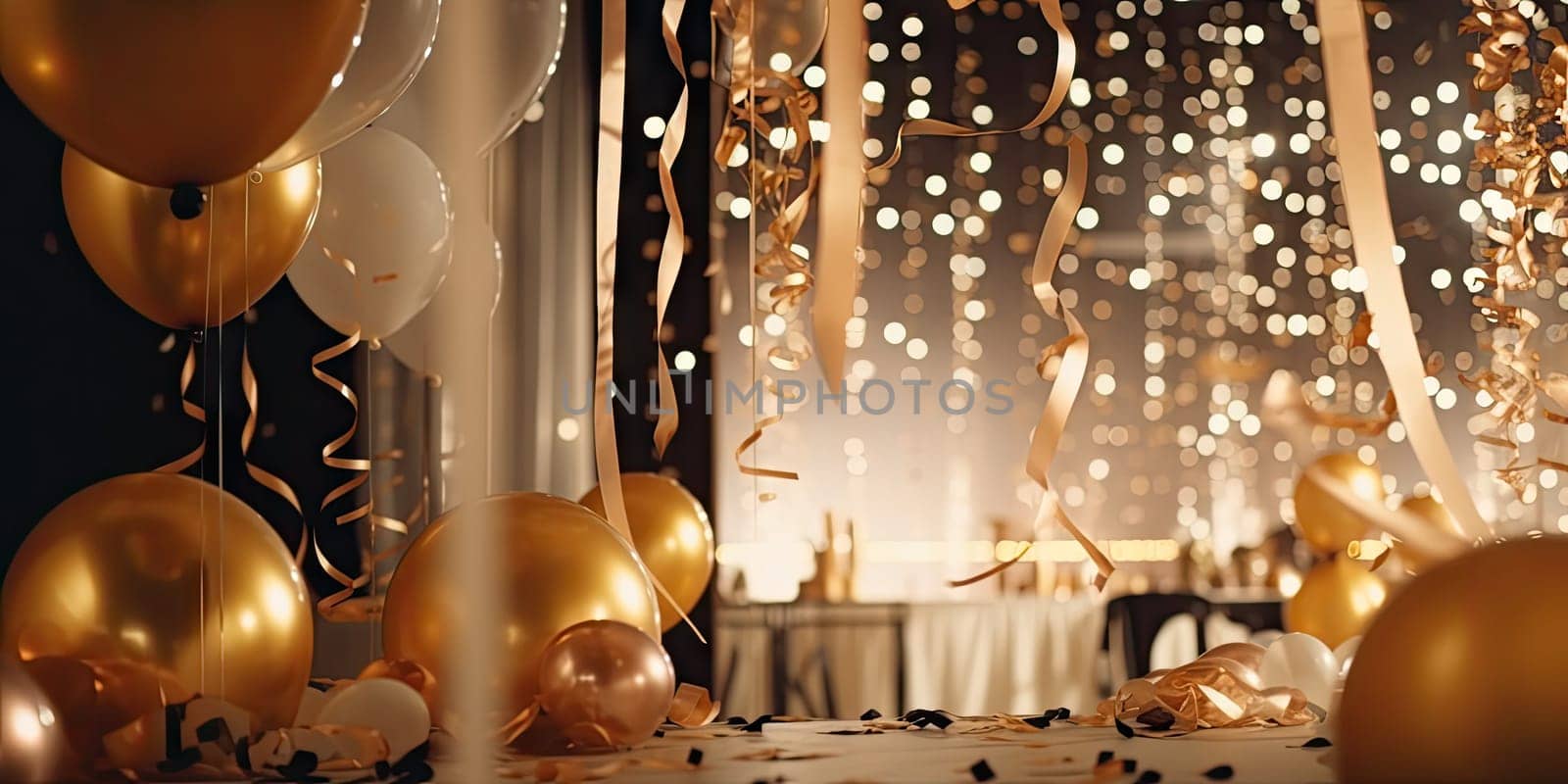 Room filled with festive gold and white balloons, gift boxes, and a joyous party atmosphere. Generative AI.