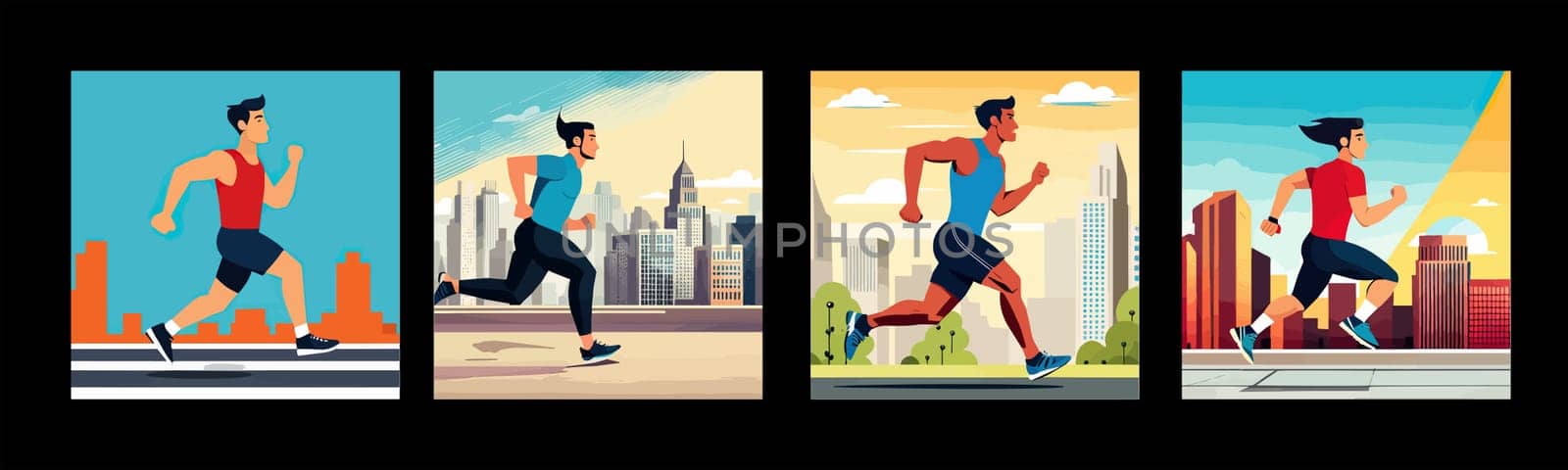 Banner Runners set. Flat concept illustrations athletes running in park, forest, stadium track or street landscape. Healthy activity and lifestyle. Sprint, jogging, warming up.