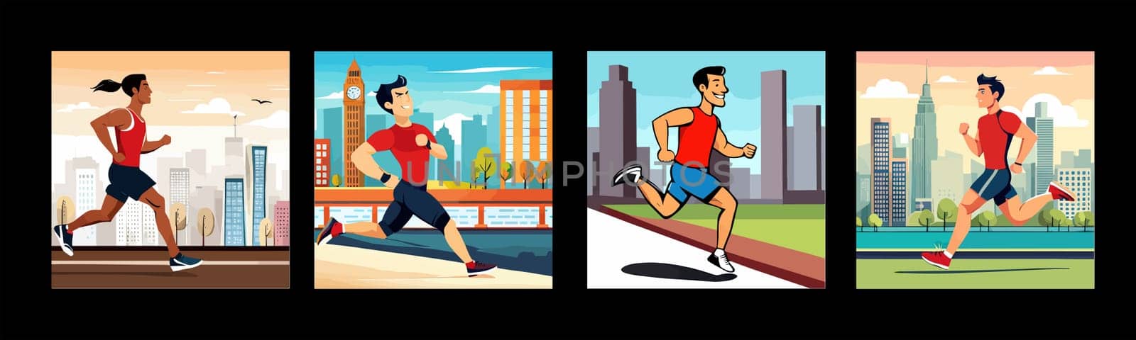 Banner Runners set. Flat concept illustrations athletes running in park, forest, stadium track or street landscape. Healthy activity and lifestyle. Sprint, jogging, warming up.