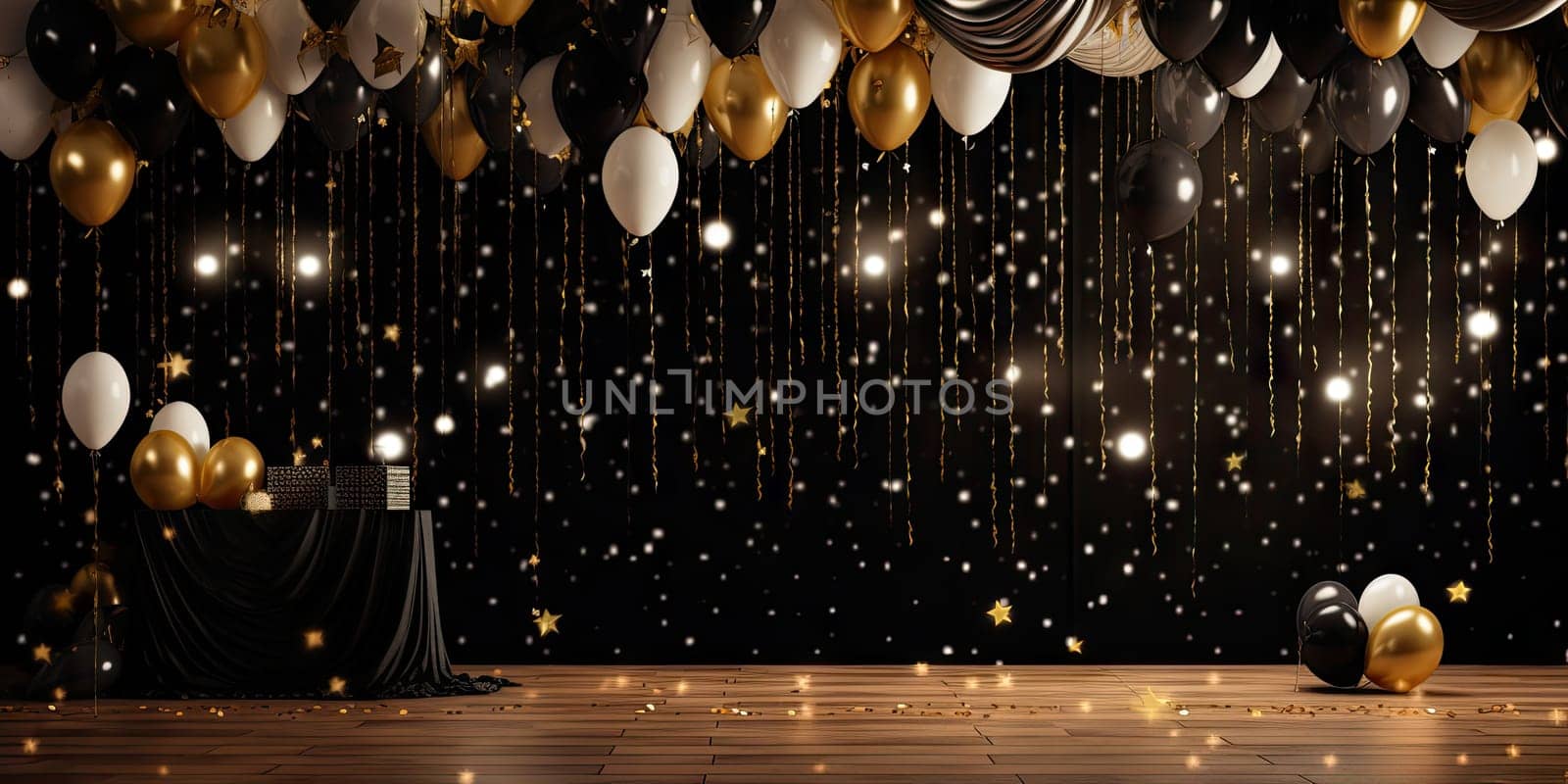 Room filled with festive gold and white balloons, gift boxes, and a joyous party atmosphere. Generative AI by nateemee