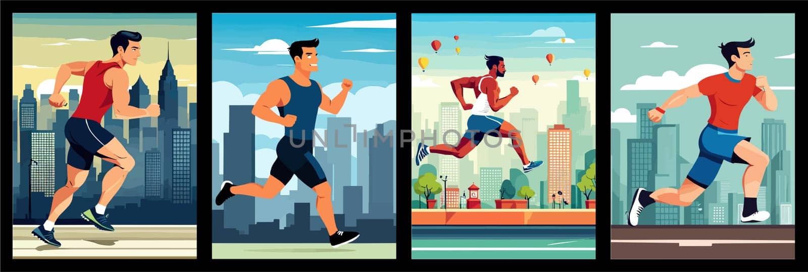 Banner Runners set. Flat concept illustrations athletes running in park, forest, stadium track or street landscape. Healthy activity and lifestyle. Sprint, jogging, warming up.