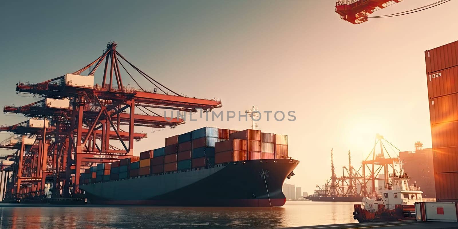 Industrial port with Logistics and transportation of International Container Cargo ship , commercial dock, harbor, cargo container, shipping. Generative ai.
